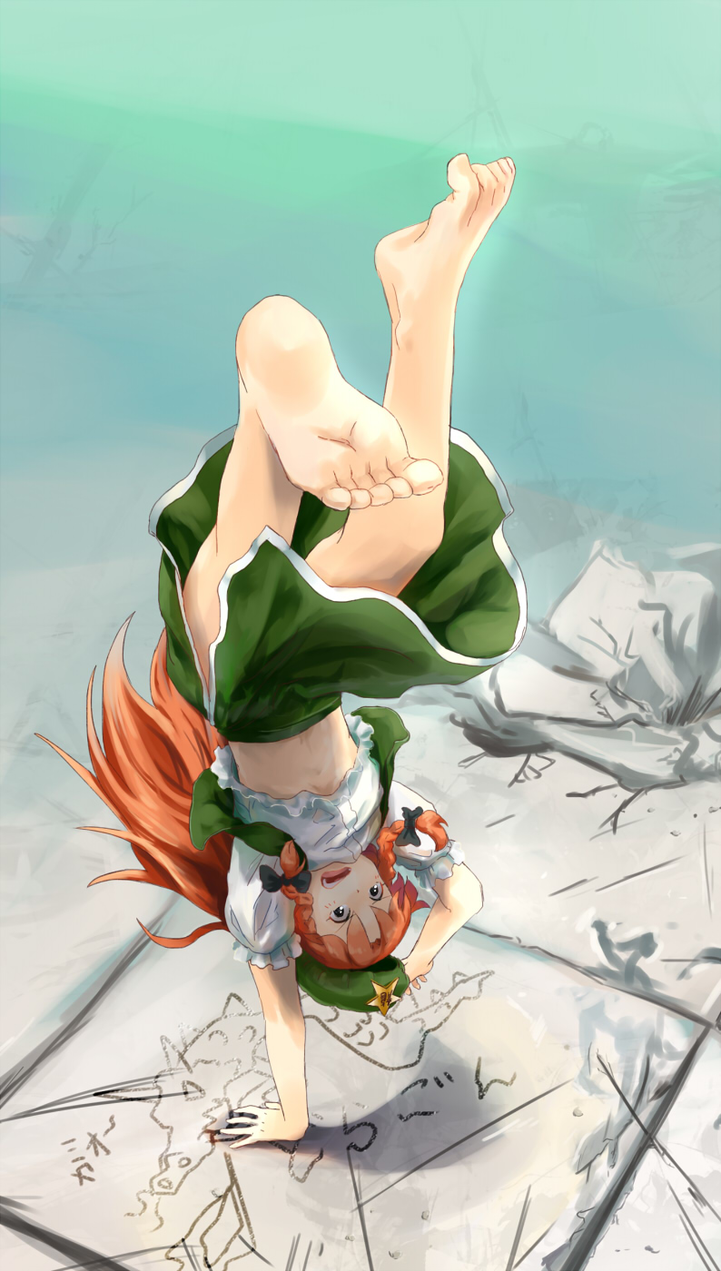 1girl, barefoot, beret, black_eyes, braid, feet, handstand, hat