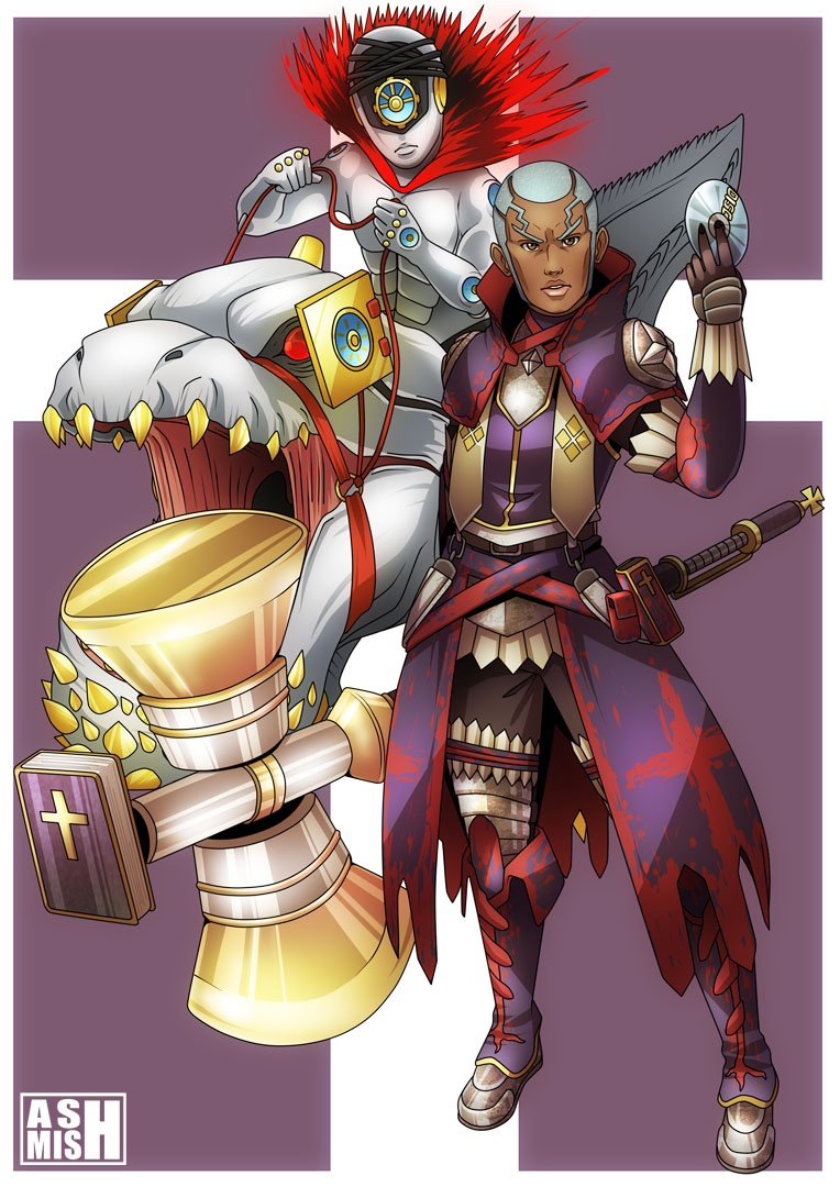 2boys, armor, ashmish, dark_skin, enrico_pucci, hammer, horse, jojo_no_kimyou_na_bouken