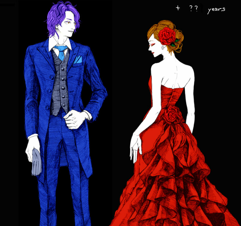dora_(risunofuko12), dress, earrings, flower, formal, garry_(ib), gloves, hair_flower, hair_ornament, ib, ib_(ib), jewelry, necktie, open-back_dress, ring, suit
