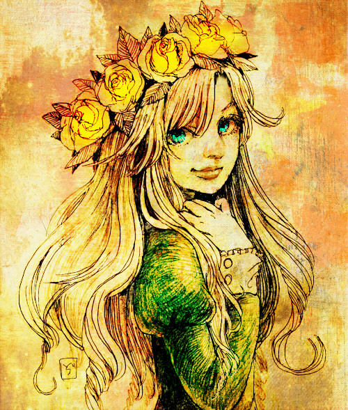 1girl, dora_(risunofuko12), flower, green_eyes, hair_flower, hair_ornament, ib, mary_(ib)