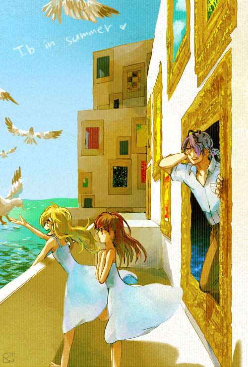 1boy, 2girls, bird, blonde_hair, brown_hair, dora_(risunofuko12), dress, garry_(ib)