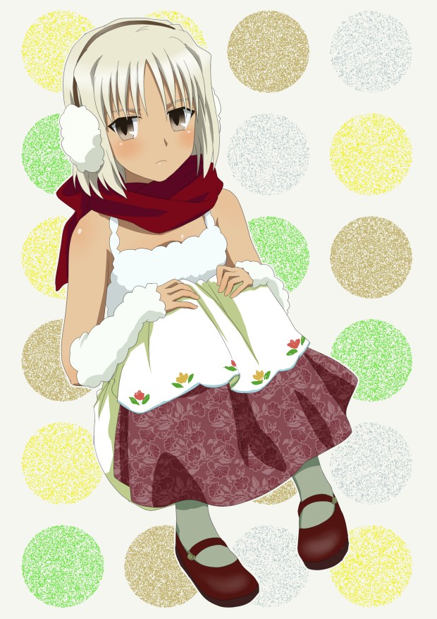 blonde_hair, blush, brown_eyes, canaan, canaan_(character), dress, earmuffs, komatsu_(sakanae)