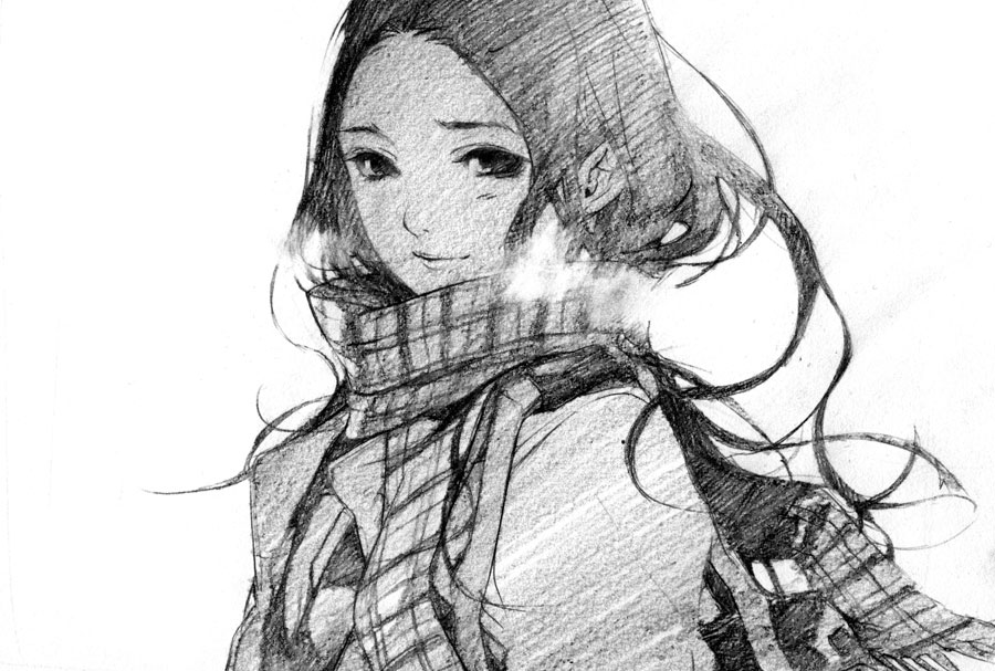 graphite_(medium), katagiri_ikumi, monochrome, original, scarf, solo, traditional_media