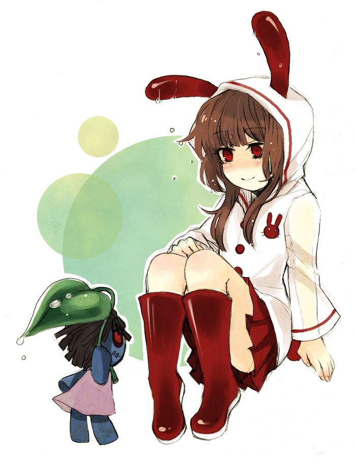 1girl, animal_ears, animal_hood, blue_doll, blush, boots, brown_hair, cien516