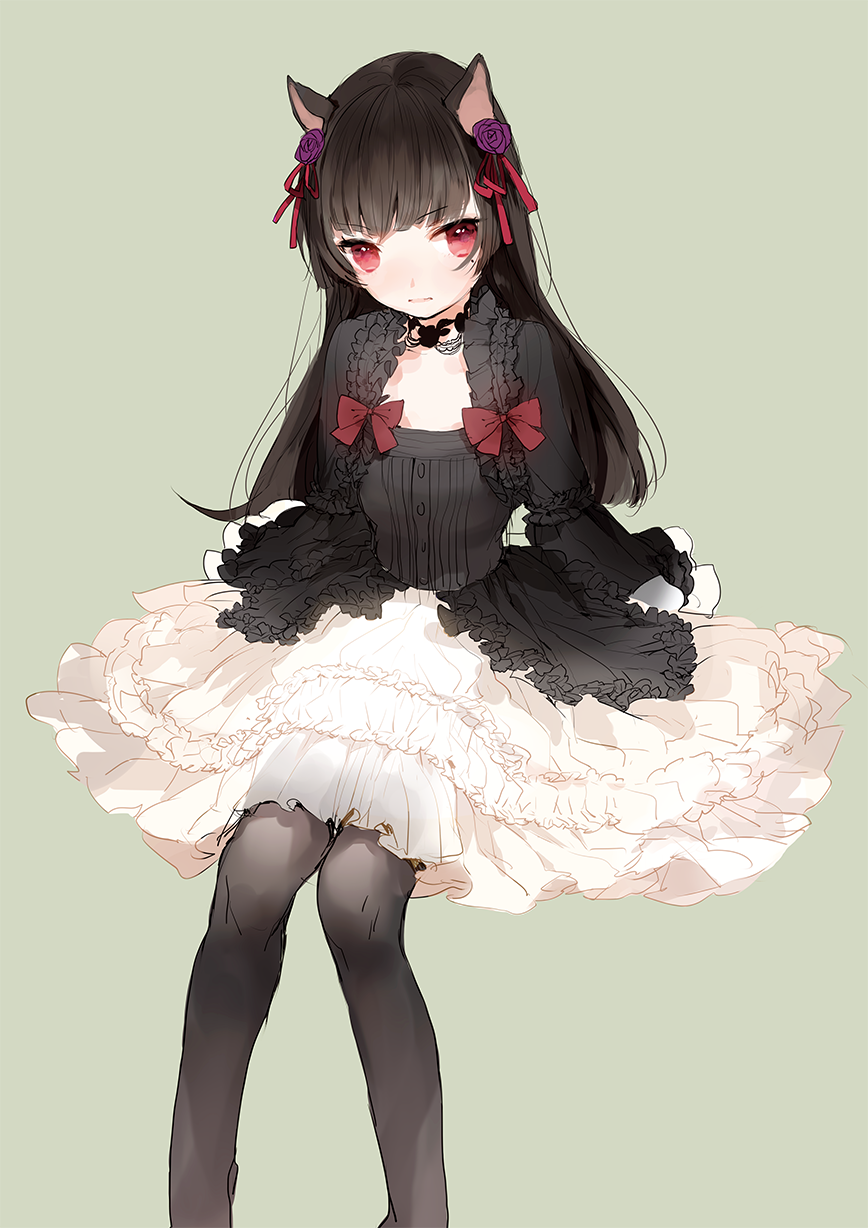 1girl, animal_ears, black_hair, black_legwear, bow, cat_ears, dress, frilled_dress, frills, gokou_ruri, gothic_lolita, hair_ribbon, highres, homua, lolita_fashion, ore_no_imouto_ga_konna_ni_kawaii_wake_ga_nai, pantyhose, red_eyes, ribbon, solo