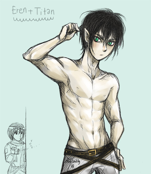 abs, alternate_hairstyle, belt, eren_jaeger, green_eyes, mikasa_ackerman, minibuddy, muscle, pointy_ears, shingeki_no_kyojin, shirtless, video_camera