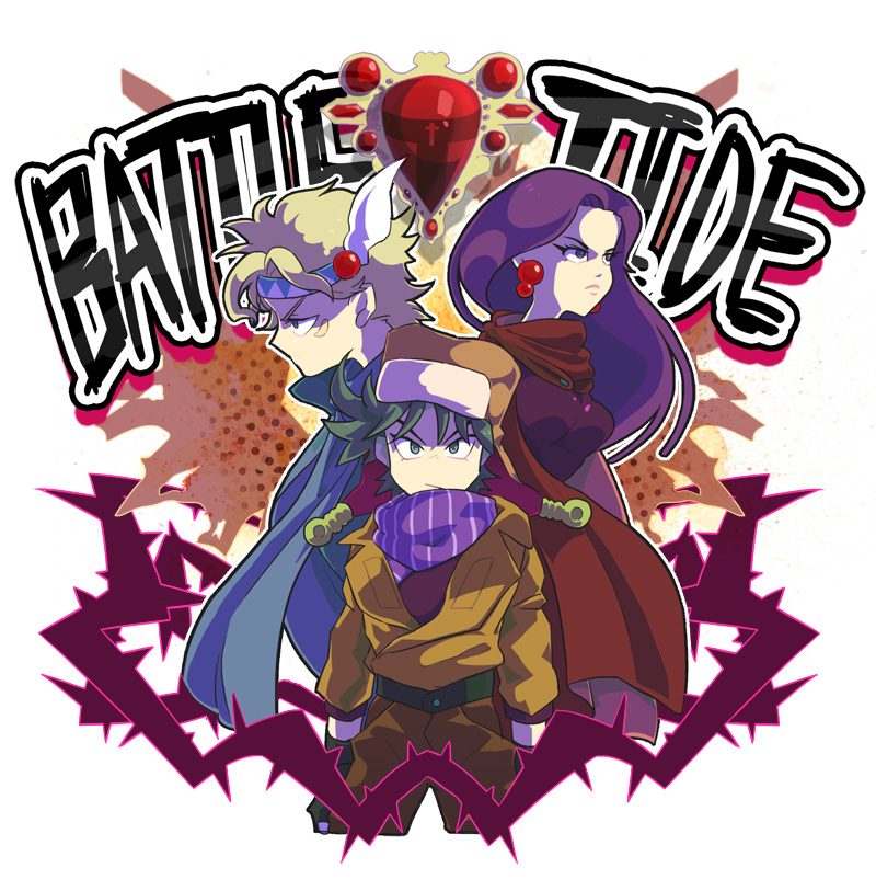 1girl, 2boys, black_hair, blonde_hair, bomber_hat, caesar_anthonio_zeppeli, chibi, inoueeen