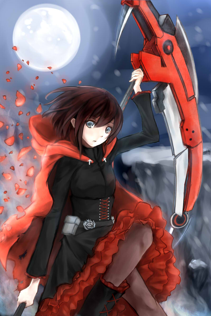 1girl, black_hair, cape, dress, highres, moon, pantyhose, petals, rose_petals, ruby_rose, rwby, scythe, short_hair, solo, sorara, weapon