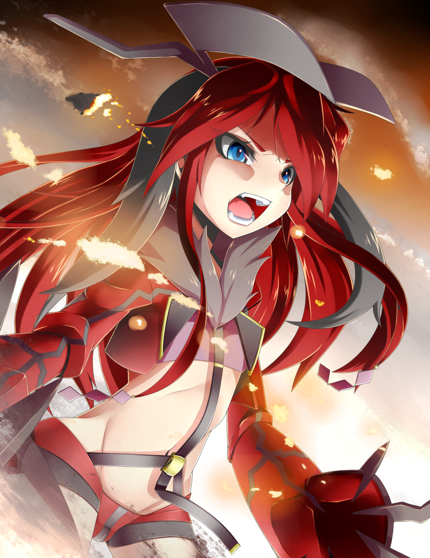 1girl, absurdres, black_hair, blue_eyes, claws, fangs, highres, horns