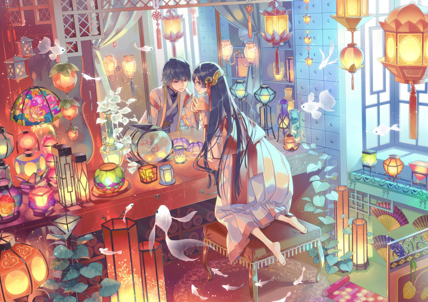1boy, 1girl, den_(itokiitoki), female, fish, genderswap, highres, lamp