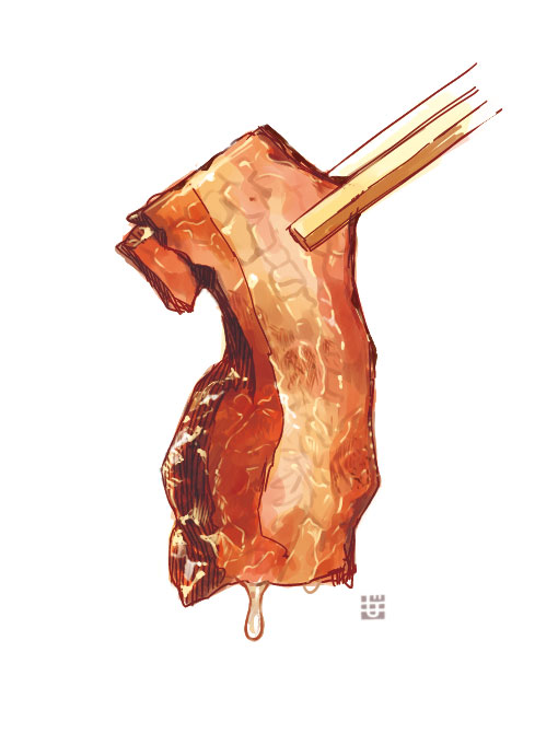 bacon, chopsticks, dripping, food, grease, meat, momiji_mao, no_humans
