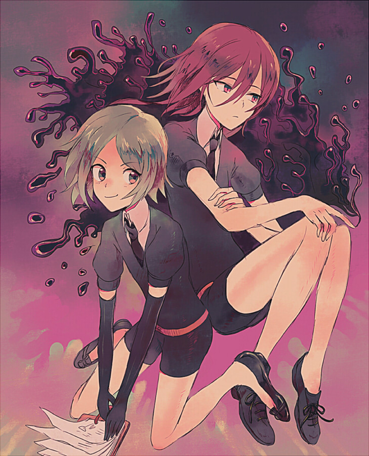 2others, black_shoes, elbow_gloves, full_body, gloves, green_hair, gyoe, hair_between_eyes