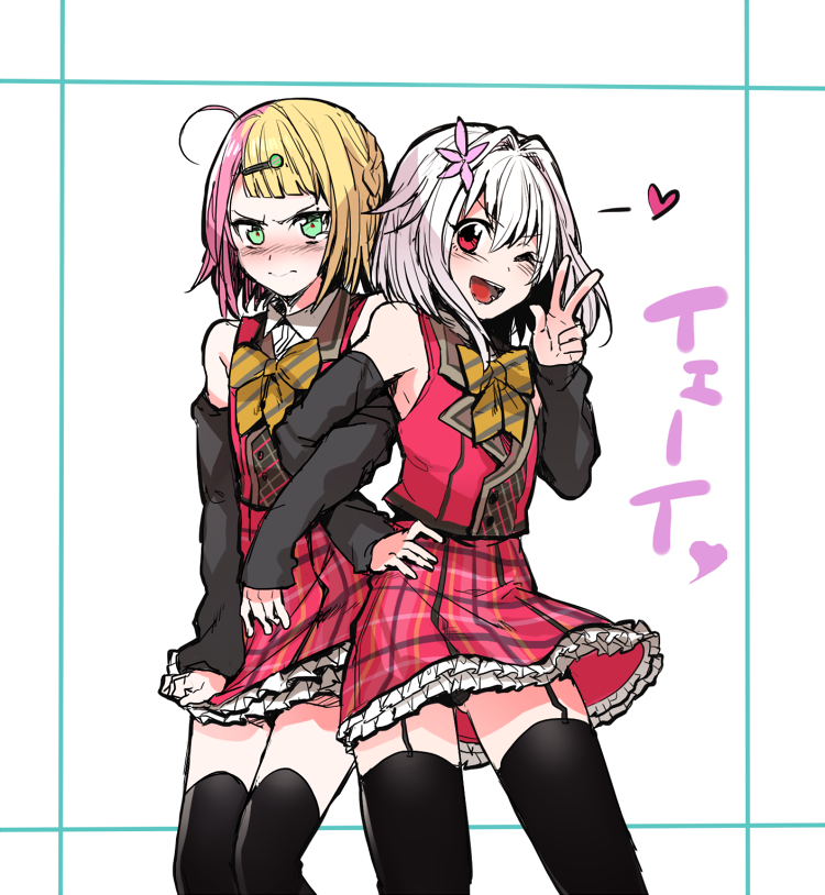 2boys, ahoge, androgynous, arm_warmers, black_legwear, blonde_hair, blush, bow