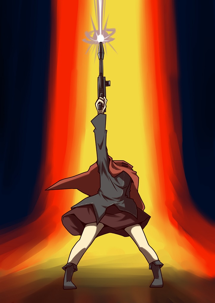 1girl, beam_rifle, cape, energy_gun, firing, gundam, headless, last_shooting
