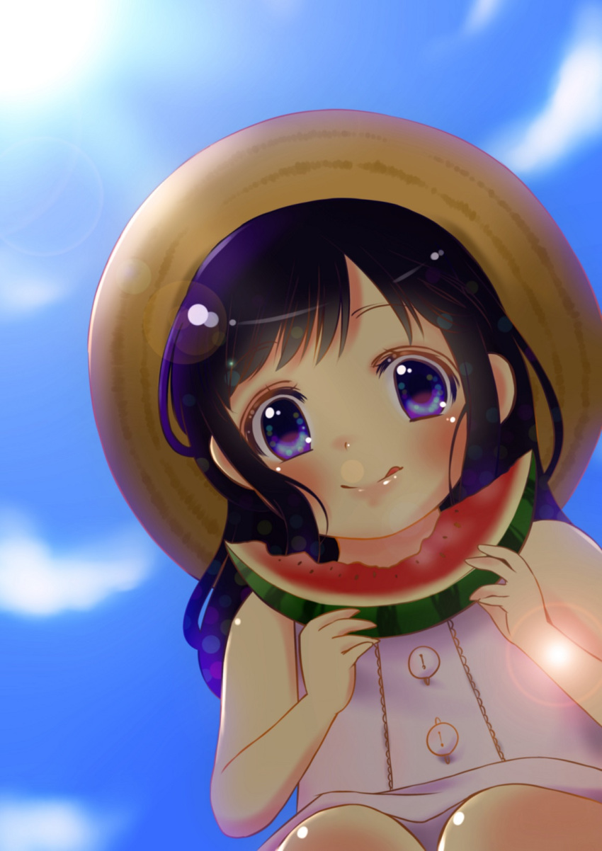 1girl, :d, annyuiusagi, black_hair, blue_eyes, blush, child, dress, eating, food, fruit, hat, highres, long_hair, open_mouth, original, sky, smile, solo, watermelon