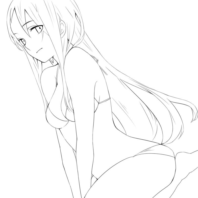 1girl, bikini, breasts, dutch_angle, kanzaki_yuki, kneeling, lineart, long_hair