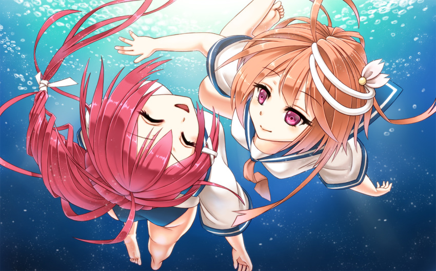 2girls, ahoge, barefoot, blush, brown_hair, bubble, closed_eyes, flower