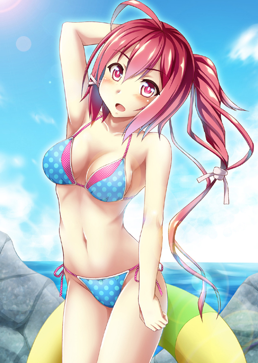 1girl, arm_up, armpits, bikini, blush, breasts, cleavage, clouds
