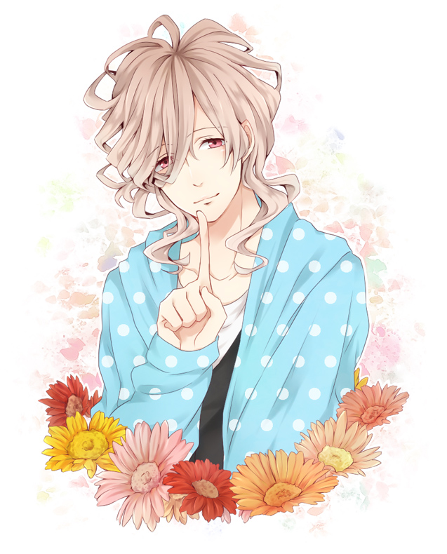 1boy, asahina_louis, blonde_hair, brothers_conflict, finger_to_mouth, flower, hair_over_one_eye, hoodie