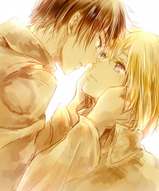 2boys, armin_arlert, black_hair, blonde_hair, blue_eyes, eren_jaeger, hands_on_another's_cheeks, hands_on_another's_face