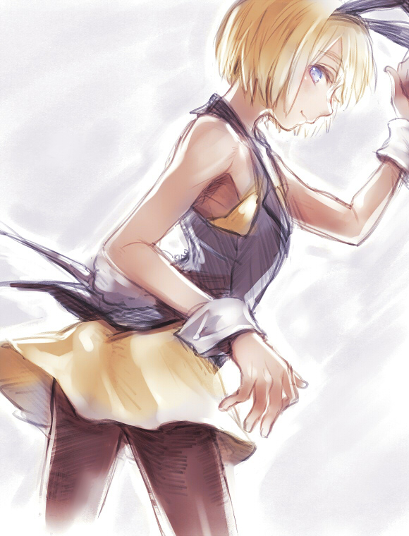 1boy, animal_ears, armin_arlert, bare_shoulders, blonde_hair, blue_eyes, bunny_tail, bunnysuit