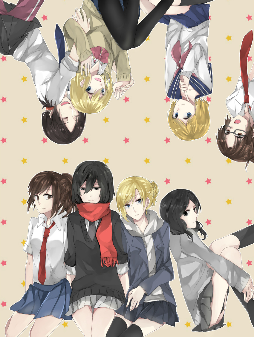 1boy, 6+girls, ^_^, annie_leonhardt, armin_arlert, black_eyes, black_hair, black_legwear