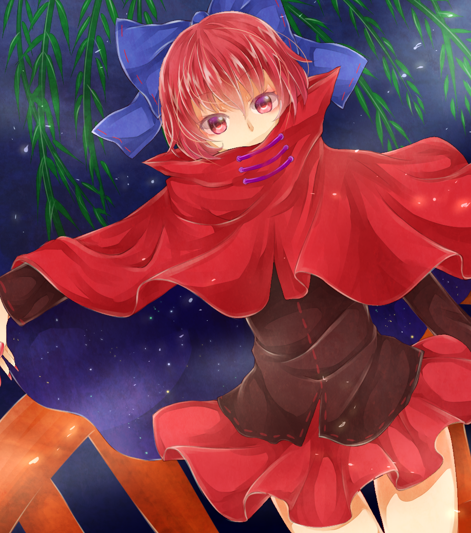 1girl, blouse, bow, cape, covering_mouth, denpa_(yuyuyu0710), dutch_angle, fingernails