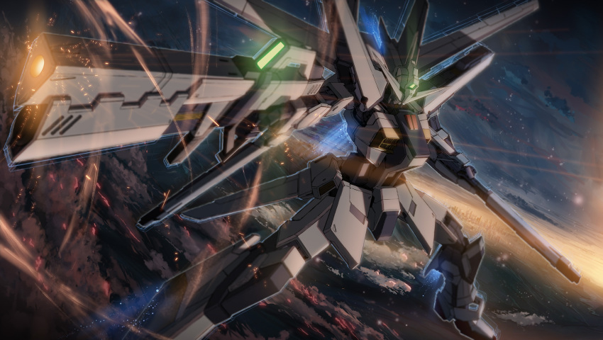 beam_rifle, clouds, embers, energy_gun, glowing, gun, gundam, gundam_seed, gundam_seed_a-star, highres, mecha, no_humans, original, oxb-00_zero, starlight_(stack), sunrise, thrusters, weapon
