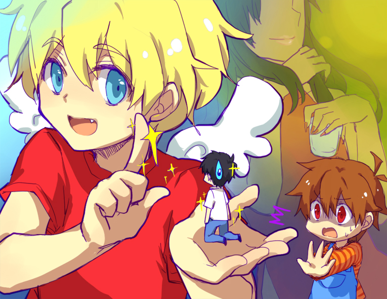 4boys, blonde_hair, blue_eyes, brown_eyes, brown_hair, chibi, dual_persona, mizuoka_yuuichi