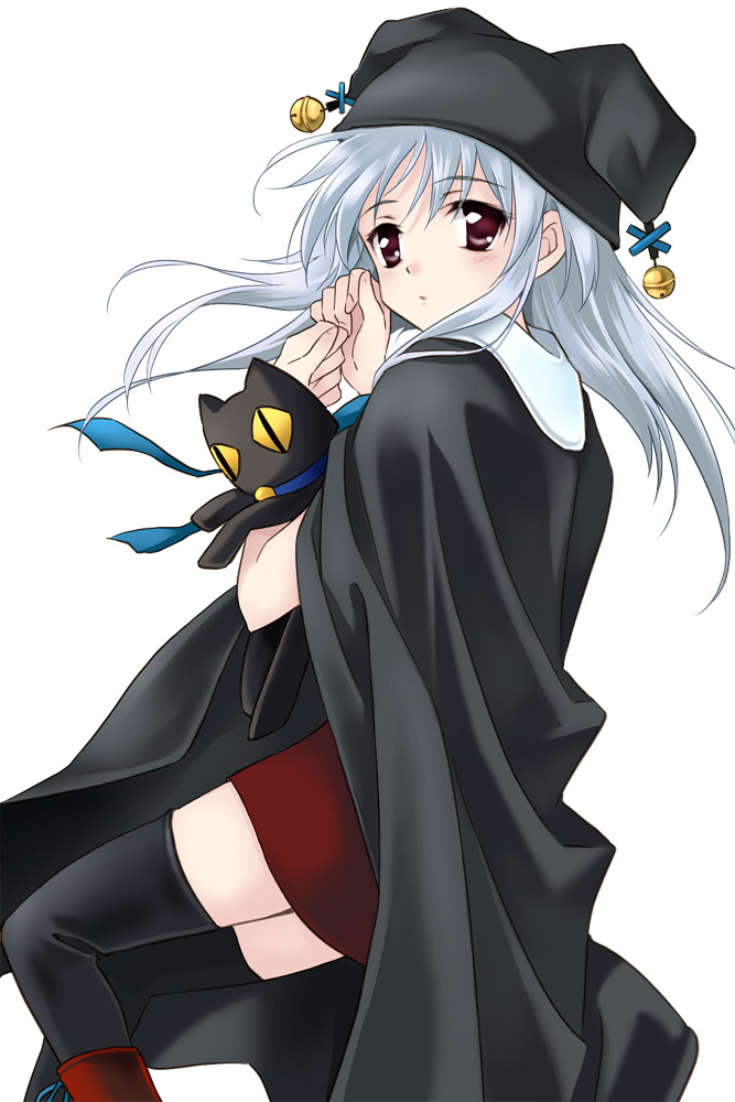 1girl, agahari, animal_hat, bell, boots, cape, cat, hat