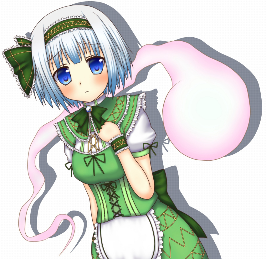 1girl, alternate_costume, apron, blue_eyes, blush, enmaided, hairband, hestia
