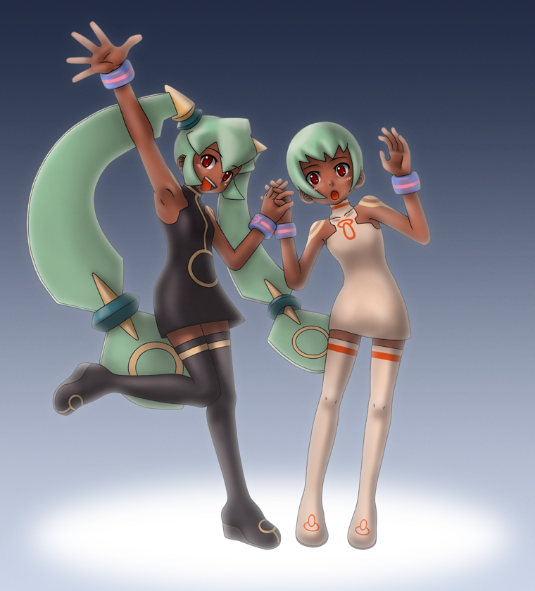 2girls, aqua_hair, armpits, bare_shoulders, boots, dark_skin, holding_hands, multiple_girls