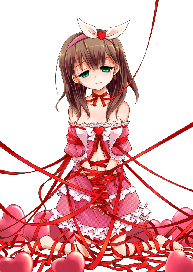 1girl, bare_shoulders, bdsm, bondage, brown_hair, choker, dress, earmuffs