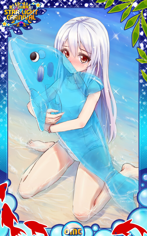 1girl, barefoot, beach, blush, fish, frame, inflatable_dolphin, long_hair