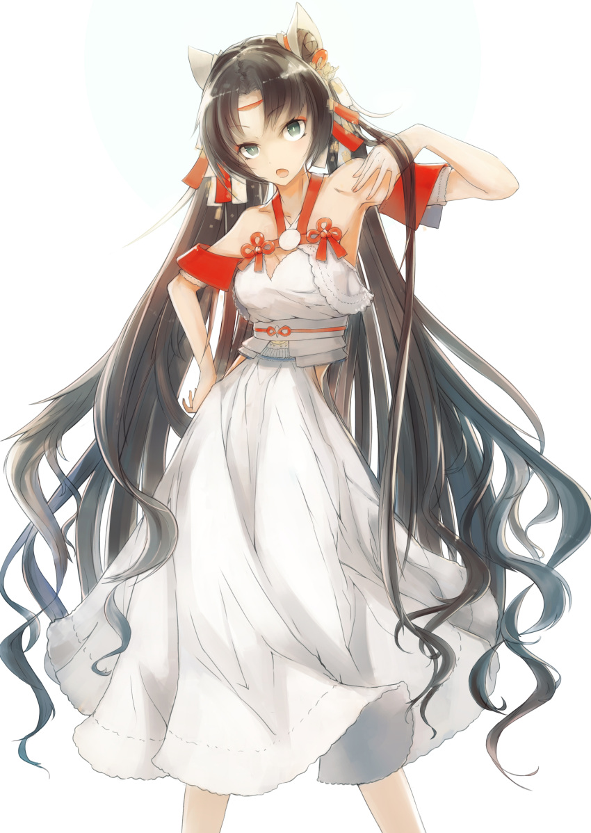 1girl, absurdres, al-qalam, amaterasu_(mythology), bare_shoulders, black_hair, breasts, cleavage