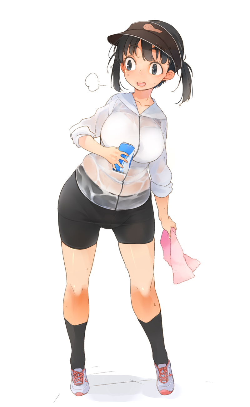 1girl, akaume, bike_shorts, black_bike_shorts, black_eyes, black_hair, black_legwear, breath