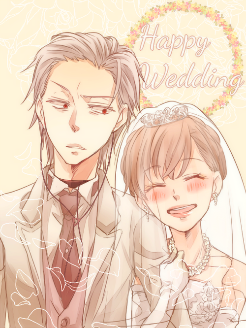 1boy, 1girl, accelerator, bare_shoulders, blush, bridal_veil, brown_hair, choker