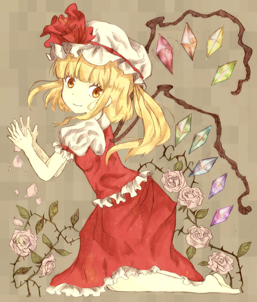 1girl, alternate_eye_color, barefoot, blonde_hair, flandre_scarlet, flower, full_body, graphite_(medium)