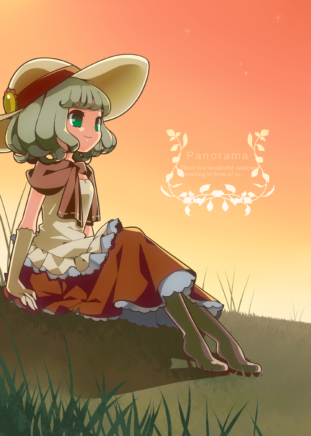 1girl, elbow_gloves, english, gloves, grass, green_eyes, green_hair, highres