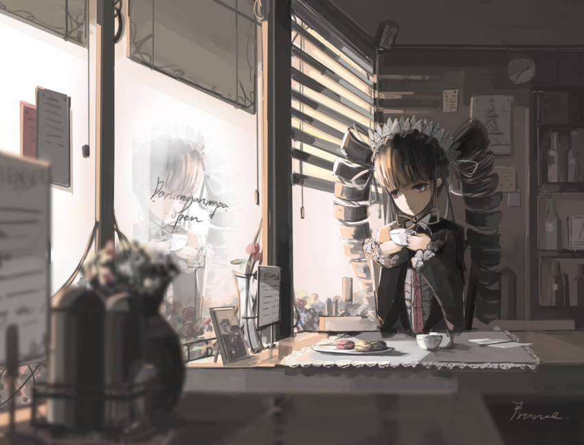 1girl, black_hair, blinds, blurry, celestia_rudenberk, clock, cup, dangan_ronpa