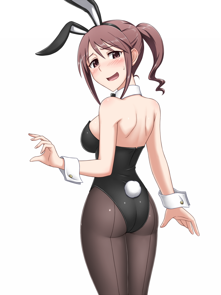 1girl, animal_ears, ass, back, black_legwear, bowtie, breasts, brown_eyes, brown_hair, bunny_tail, bunnysuit, fake_animal_ears, idolmaster, idolmaster_cinderella_girls, leotard, long_hair, looking_back, mifune_miyu, open_mouth, pantyhose, pataryouto, rabbit_ears, solo, tail, wrist_cuffs