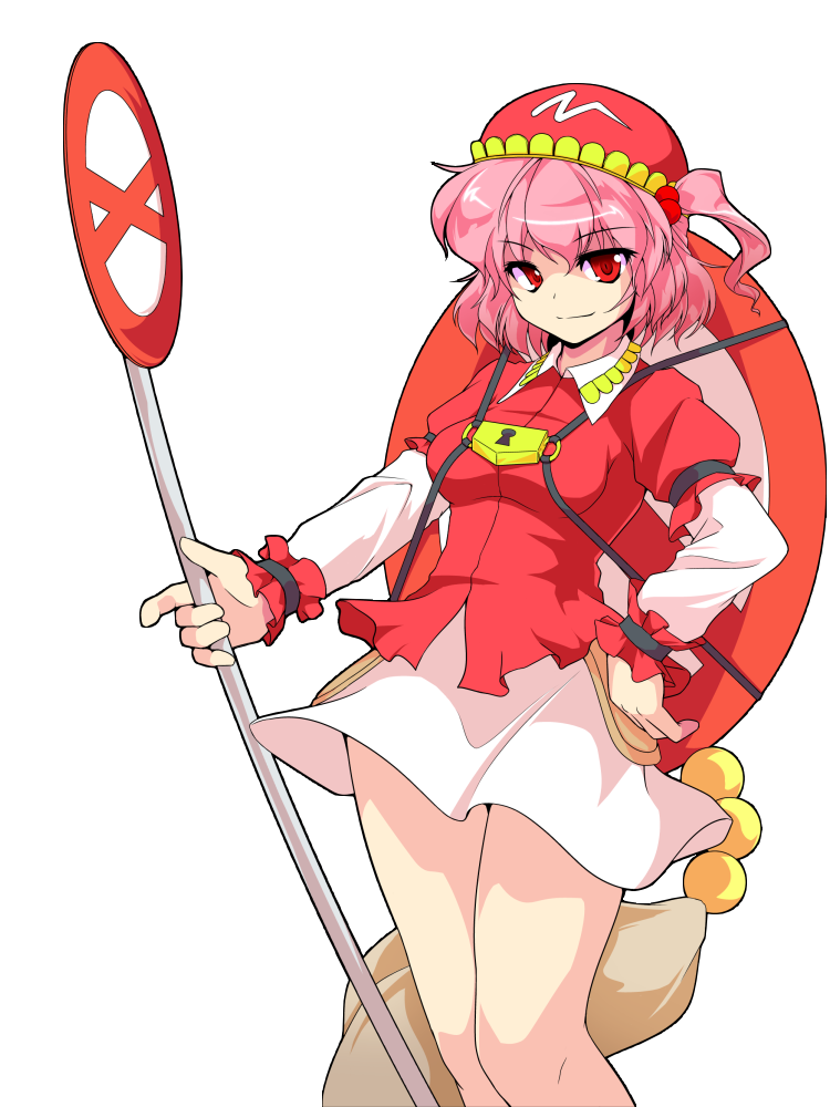 1girl, alphes_(style), hair_bobbles, hair_ornament, hand_on_hip, kanenoya, kawashiro_mitori, lock, original, parody, pink_hair, red_eyes, short_hair, side_ponytail, skirt, smile, solo, staff, style_parody, touhou, white_background