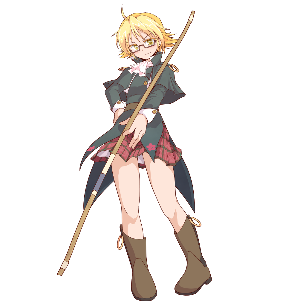 1girl, blonde_hair, boots, glasses, kanenoya, knee_boots, magahara_mitama, original, plaid, plaid_skirt, shawl, short_hair, skirt, smile, solo, staff, touhou, white_background, yellow_eyes