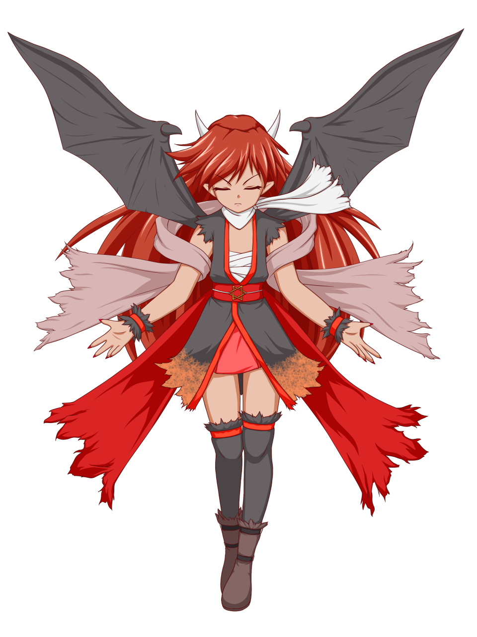 1girl, bat_wings, black_legwear, closed_eyes, highres, horns, long_hair, mikaboshi_mumumu