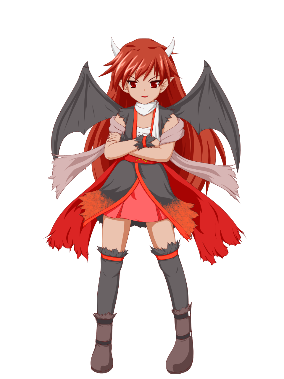1girl, bat_wings, black_legwear, crossed_arms, highres, horns, long_hair, mikaboshi_mumumu