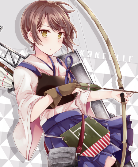 1girl, arrow, blush, bow_(weapon), brown_eyes, brown_hair, choukou_koukyou_no_inagi, japanese_clothes