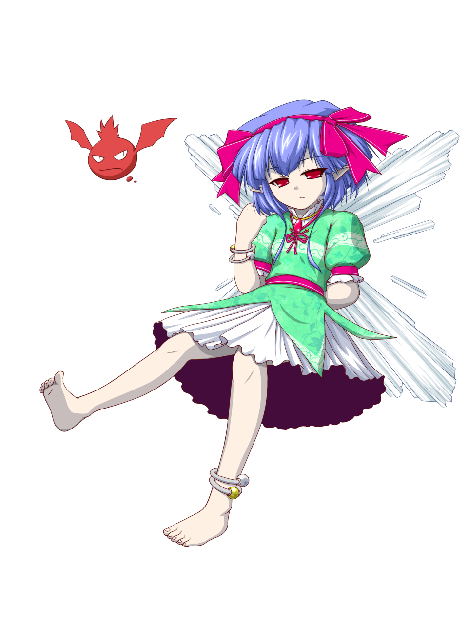 1girl, anklet, arm_behind_back, barefoot, blue_hair, choker, creature, dress