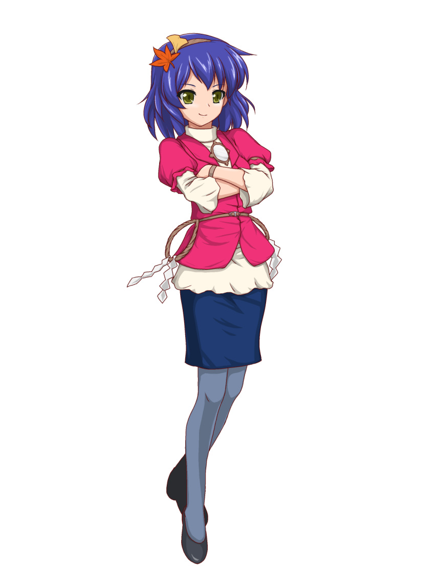 1girl, blue_hair, blue_legwear, crossed_arms, grey_legwear, hairband, highres, leaf