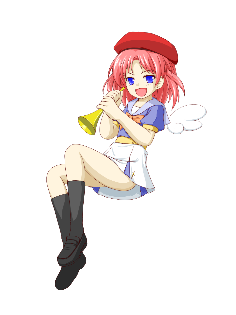 1girl, :d, beret, black_legwear, blue_eyes, bow, hat, highres, instrument, janet_arc'angelo, kneehighs, open_mouth, original, pink_hair, school_uniform, serafuku, shoes, short_hair, smile, solo, teitoku, the_last_comer, touhou, trumpet, white_background, wings
