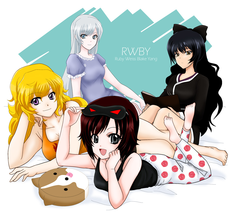 4girls, black_hair, blake_belladonna, blonde_hair, book, bow, breasts, character_name, copyright_name, hair_bow, jimauso, long_hair, multiple_girls, night_clothes, nightgown, ponytail, redhead, ruby_rose, rwby, scar, short_hair, sleep_mask, smile, violet_eyes, weiss_schnee, white_hair, yang_xiao_long, yellow_eyes